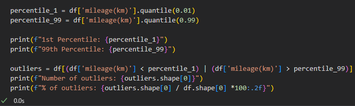 Jupyter notebook — removing mileage outliers using 1st and 99th percentile thresholds